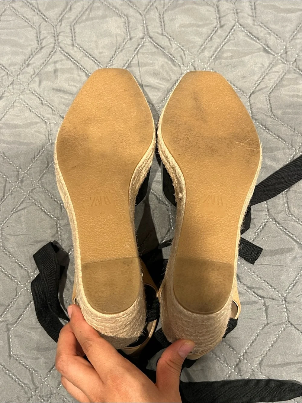 Zara Black and Tan Suede Preppy Espadrille Wedge Sandals with Wrap Ankle Ties